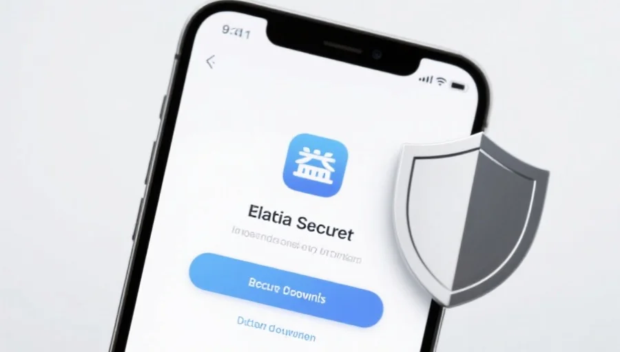 一部现代智能手机屏幕上显示杏鑫应用的安全下载界面,旁边有安全盾牌图标,背景简洁