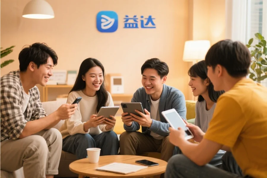 一群年轻用户围坐在一起，使用平板和手机愉快地交流，背景温馨现代，象征杏鑫应用的社区活跃氛围